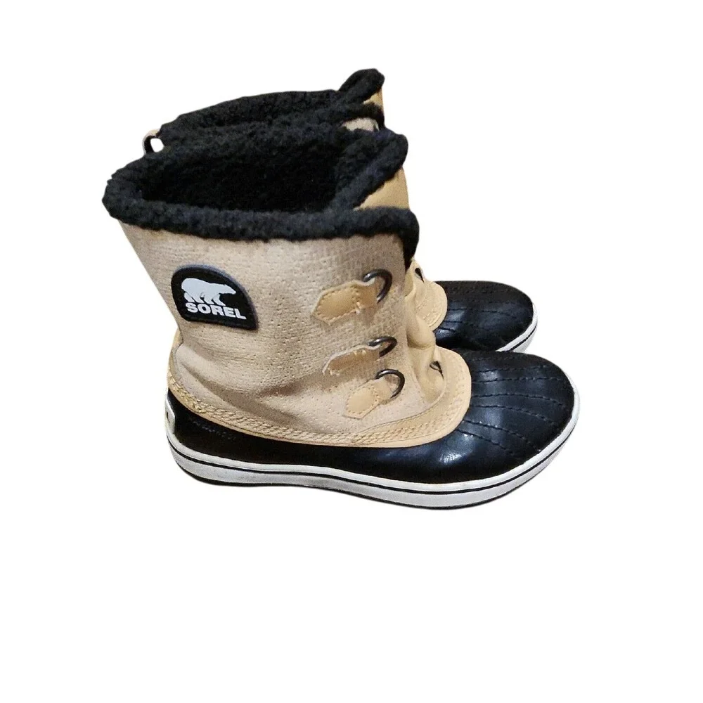 Kids Sorel Snow Boots Tan Black Waterproof Winter Warm Lined Size 8